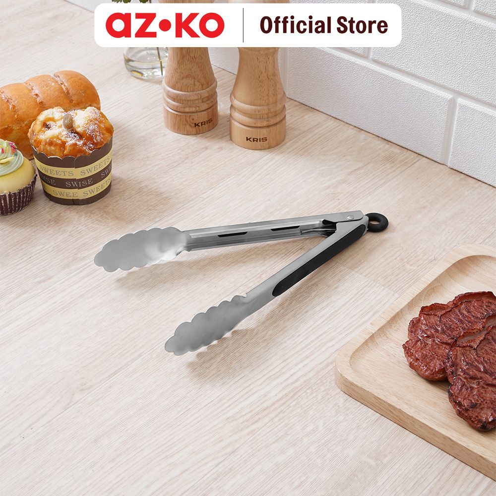 AZKO Culinart 23 cm Penjepit Makanan Stainless Steel 430 - Silver/Hitam TongsCapitan Makanan Serbaguna Alat Penjepit Gorengan Food Grade Peralatan Masak Perlengkapan Dapur - Gambar 2