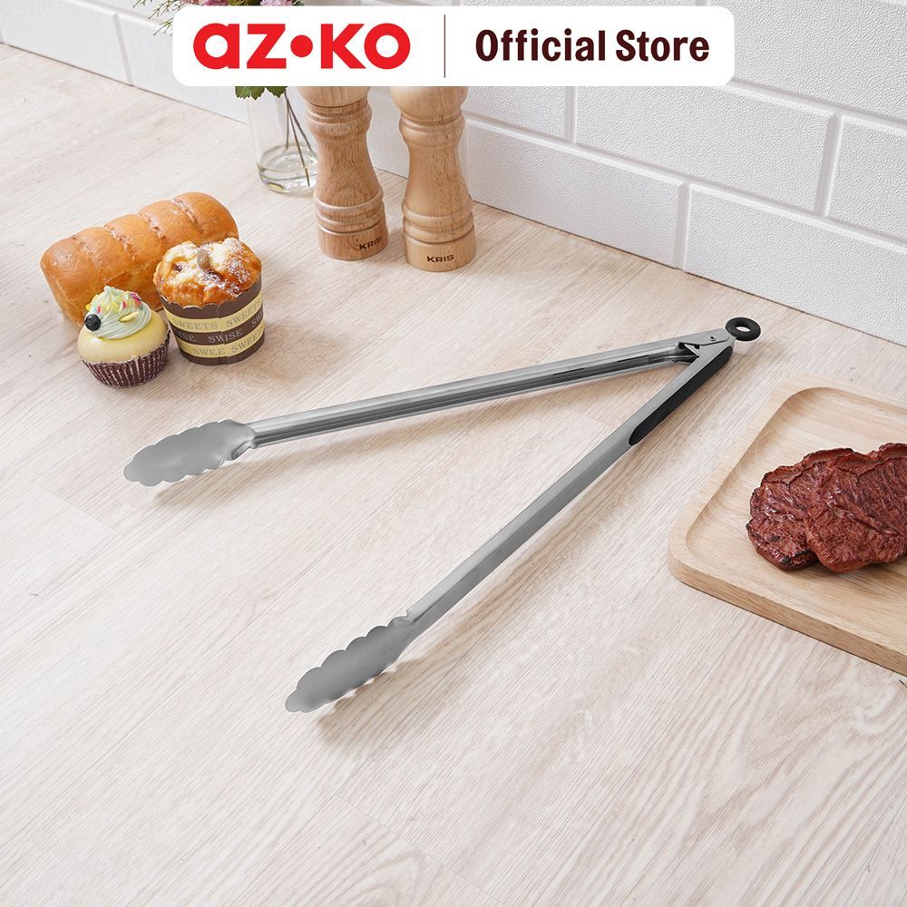AZKO Culinart 44 cm Penjepit Makanan Stainless Steel 430 - Silver/Hitam Tongs Capitan Makanan Serbaguna Alat Penjepit Gorengan Food Grade Peralatan Masak Perlengkapan Dapur - Gambar 2
