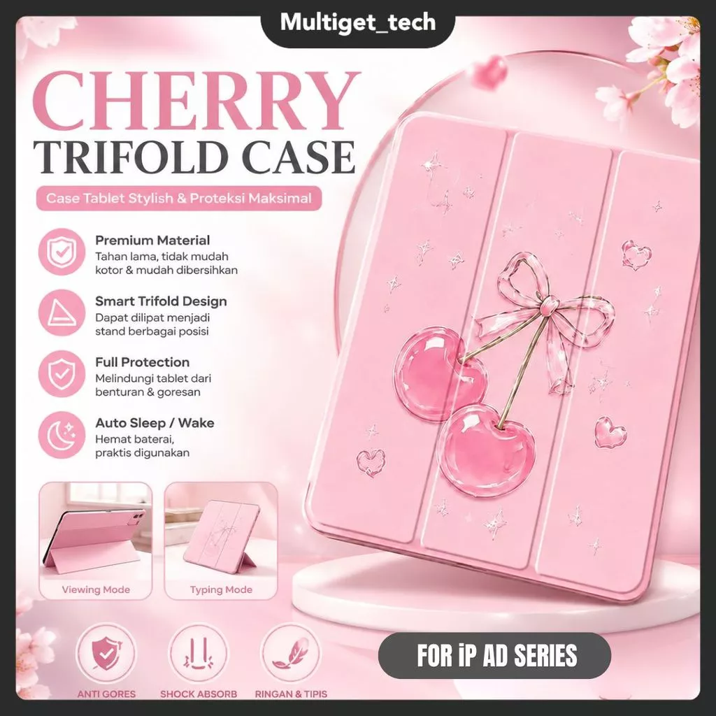 Big Cherry Pattren Cute For iPad Gen 11thn 10 9 8 7 6 5 / Air 4/5/6 Mini 1 2 3 4 5 6 7 Pro 11" Smart Cover Magnetic Auto Wake Up Trifold