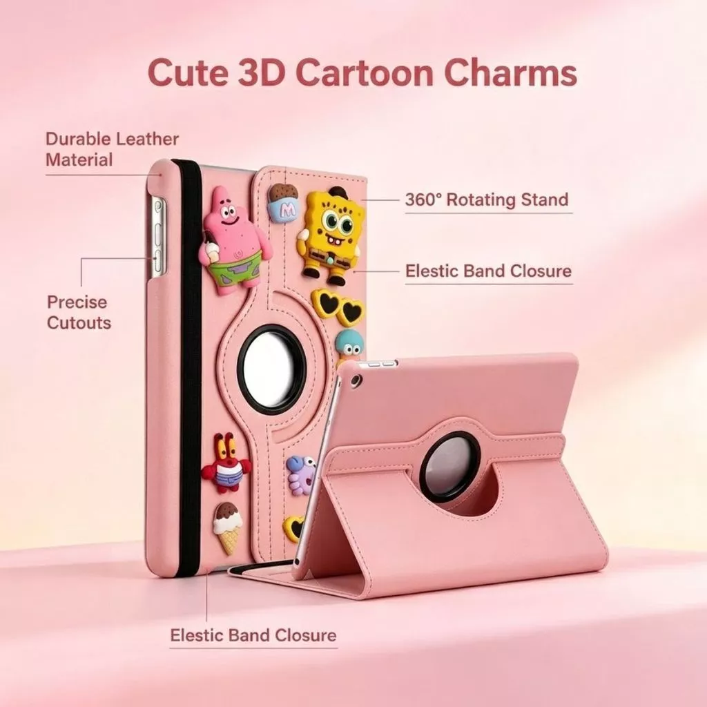 Case Leather 3D Spongebob iPad Gen 11th 11" Gen 10 10.9" Air 4/5/6 10.9" Pro 11 Inch Mini 1 2 3 4 5 6 7 360° Rotating Stand Shockproof Cute Cover - Gambar 2