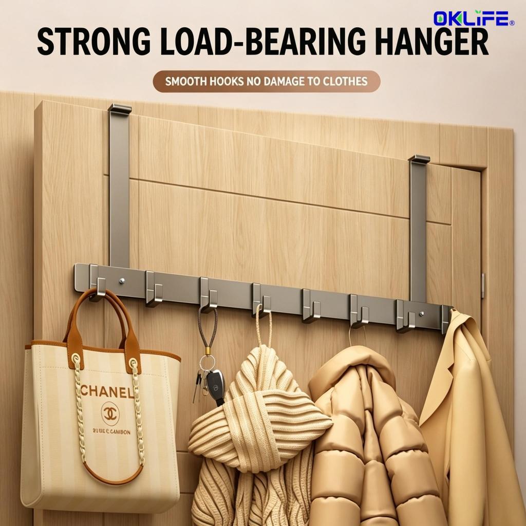 Over‑Door Hanging Hook Rack Adjustable No‑Punch Door Back Organizer Hanger for Coat Towel Bag Hat Storage view 3