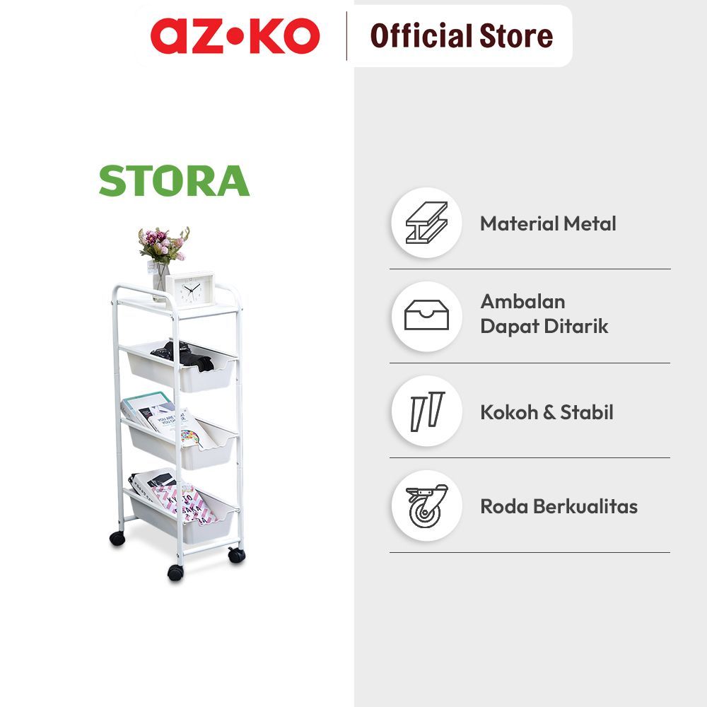AZKO Stora Rak Troli 4 Laci Slim Frame Metal - Putih Troli Penyimpanan Trolley Serbaguna Troli Multifungsi Storage Trolley - Gambar 3