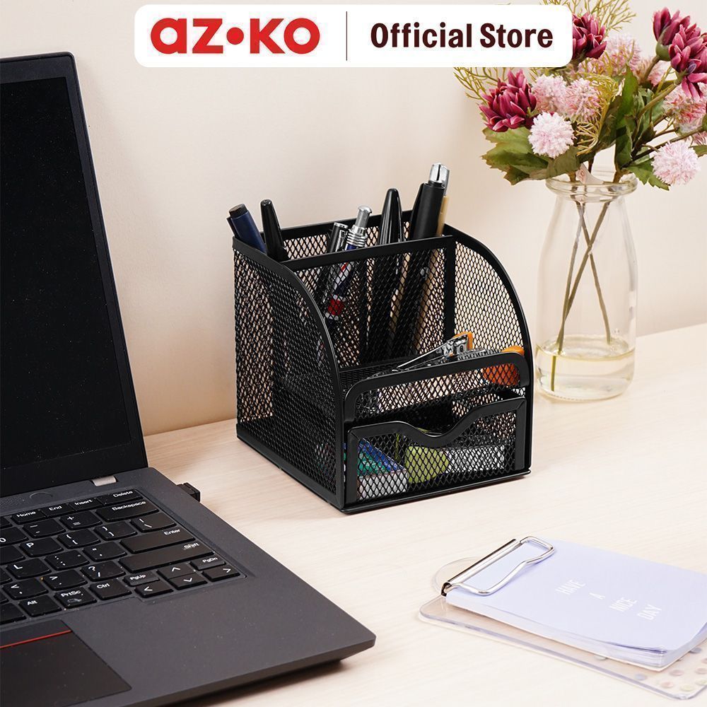 AZKO Stora Tidy Tempat Alat Tulis Meja Dengan Laci Penyimpanan Square - Hitam Stationery Set Perlengkapan Tulis Set Menulis Paket Sekolah