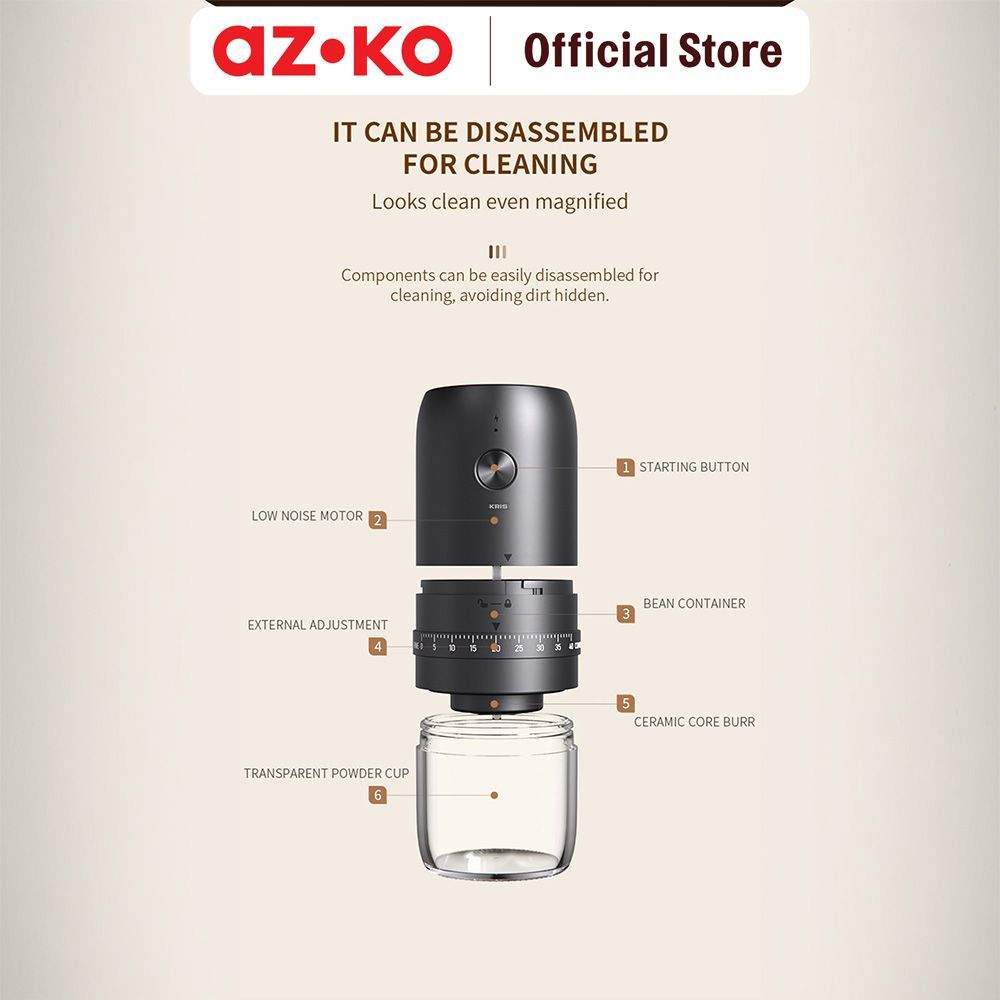 AZKO Kris Coffee Grinder Electric Portable Rechargeable 25 Watt - Hitam Penggiling Kopi Coffee Mill Giling Biji Grinder Elektrik - Gambar 3