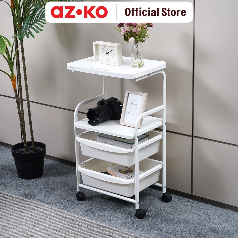 AZKO Stora Rak Troli 2 Laci Dengan Meja Frame Metal - Putih Troli Penyimpanan Trolley Serbaguna Troli Multifungsi Storage Trolley