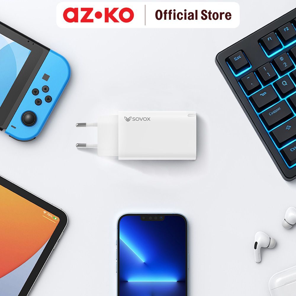 AZKO Sovox Kepala Charger 65 Watt 1 USB Type-A & 2 Type-C Dengan Kabel 1 Meter - Putih Adaptor Fast Charging Charger Set Kabel Travel Charger Pengisi Daya - Gambar 3