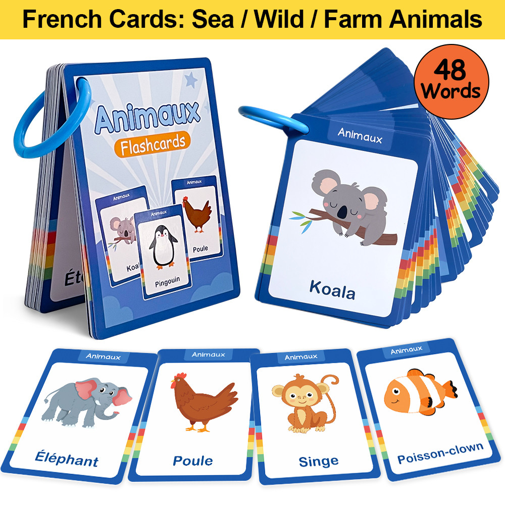 25Pcs French Animals Educational Flash Cards for Kids Preschool ...