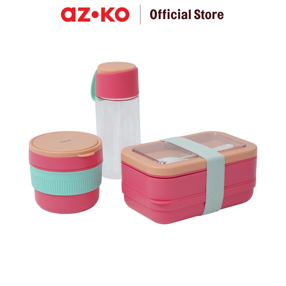 AZKO Kris Baggie Set Kotak Makan Dengan Botol Minum Plastik - Pink Bento Box Meal Box Tempat Bekal Lunch Box Kotak Bekal