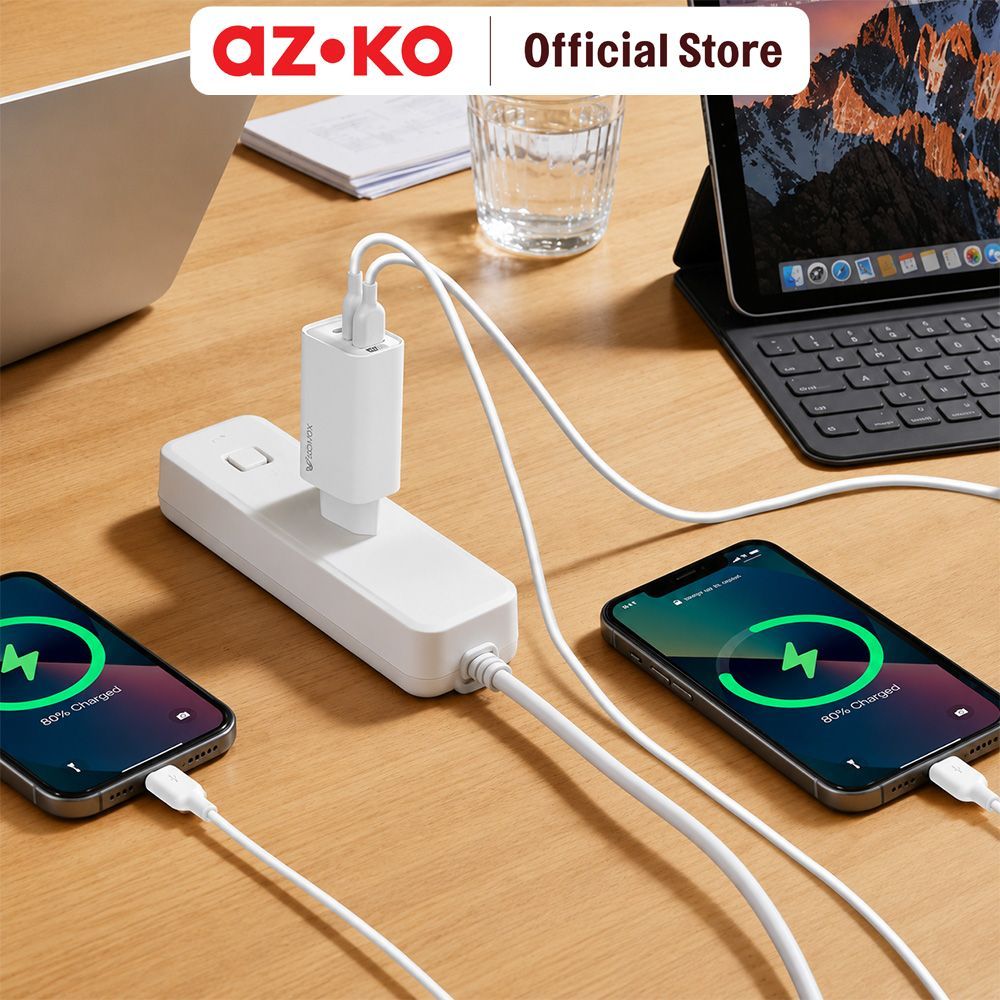 AZKO Sovox Kepala Charger 65 Watt 1 USB Type-A & 2 Type-C Dengan Kabel 1 Meter - Putih Adaptor Fast Charging Charger Set Kabel Travel Charger Pengisi Daya - Gambar 4