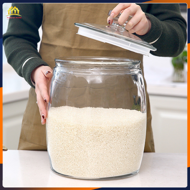 Glass Sealed Can Large Rice Bucket Home Rice Container Clear with Cover ...