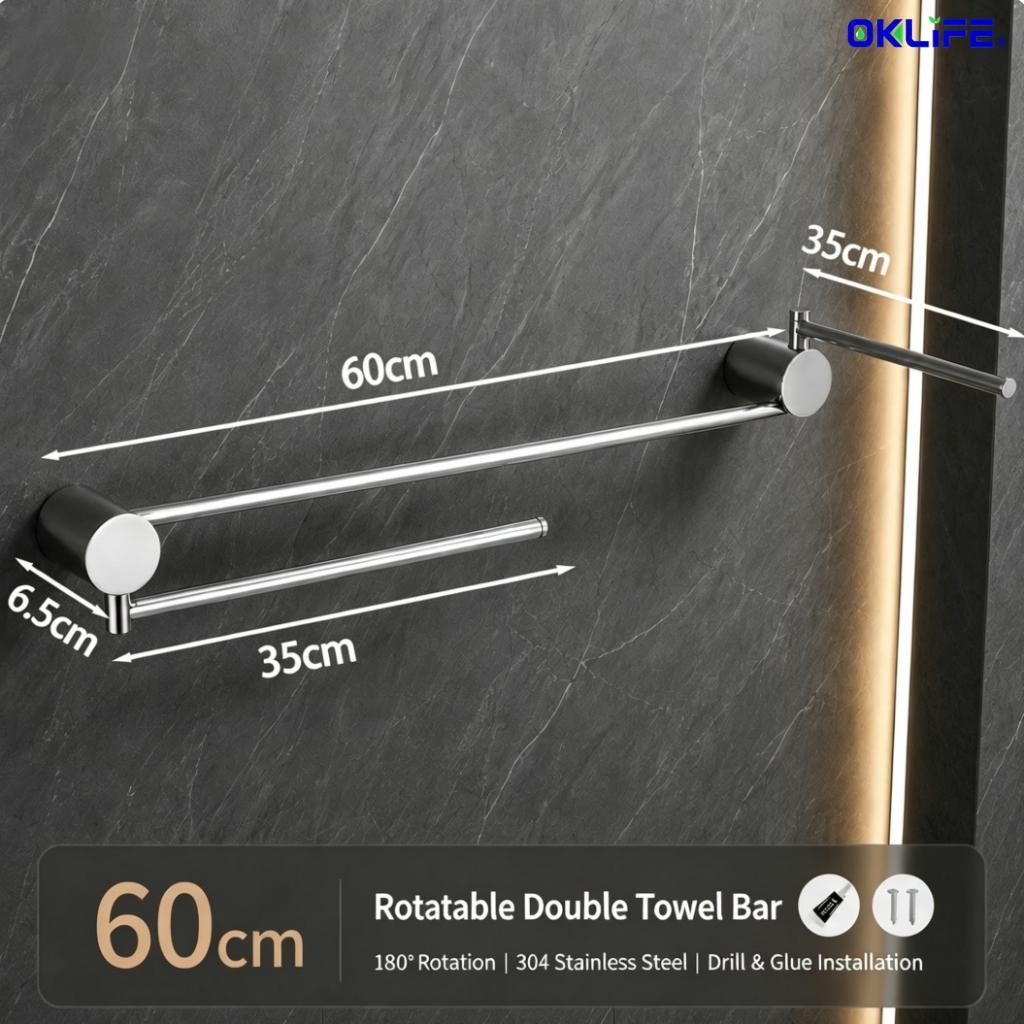 Wall Mount Double Towel Bar 180° Rotatable Swivel Stainless Steel Towel Rack for Bathroom Organizer view 12