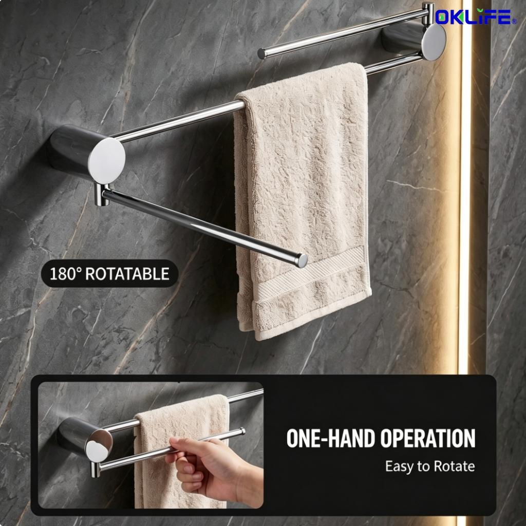 Wall Mount Double Towel Bar 180° Rotatable Swivel Stainless Steel Towel Rack for Bathroom Organizer view 9