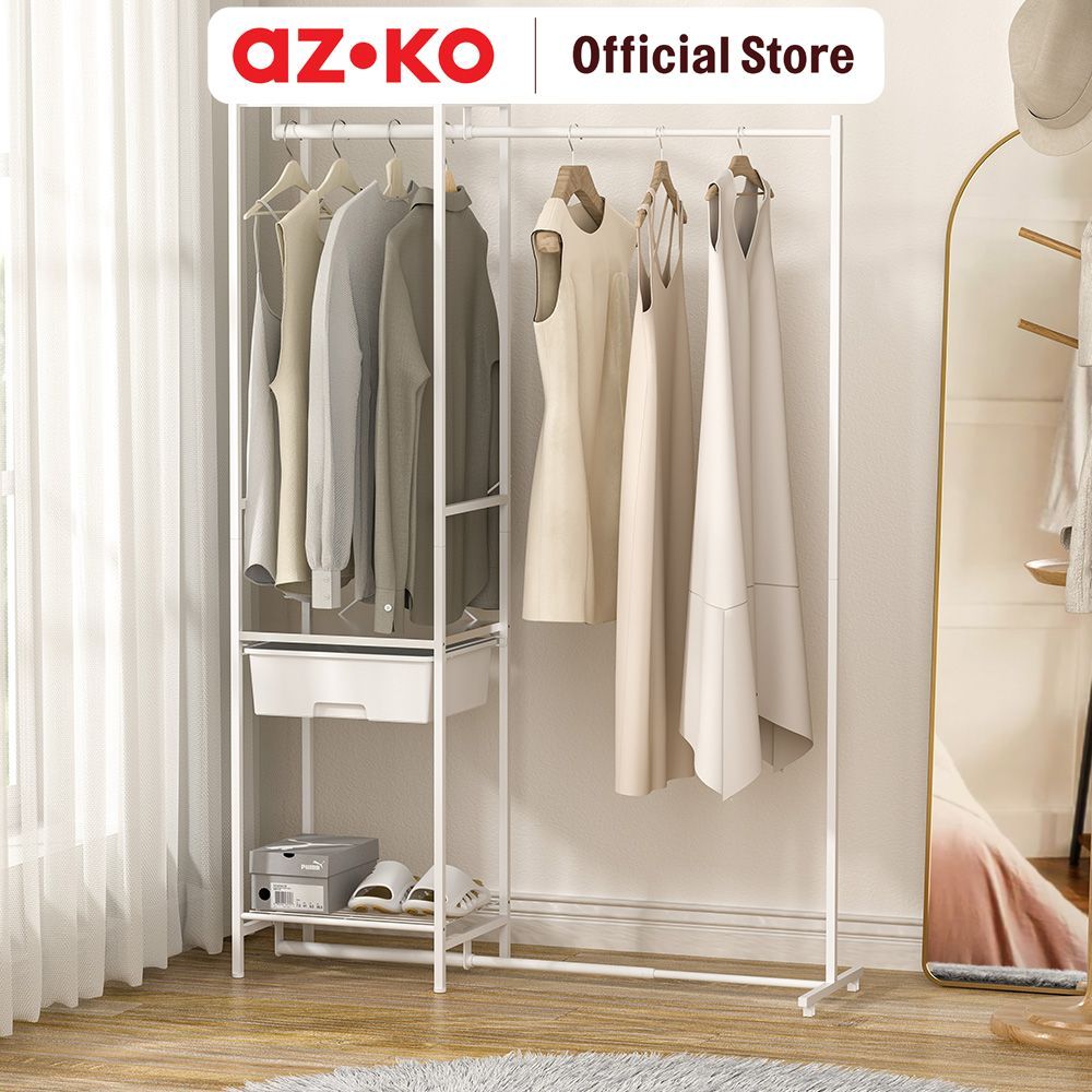 AZKO Stora Gantungan Pakaian Retractable Dengan Laci - Putih Rak Baju Clothes Rack Laci Pakaian Organizer Kamar
