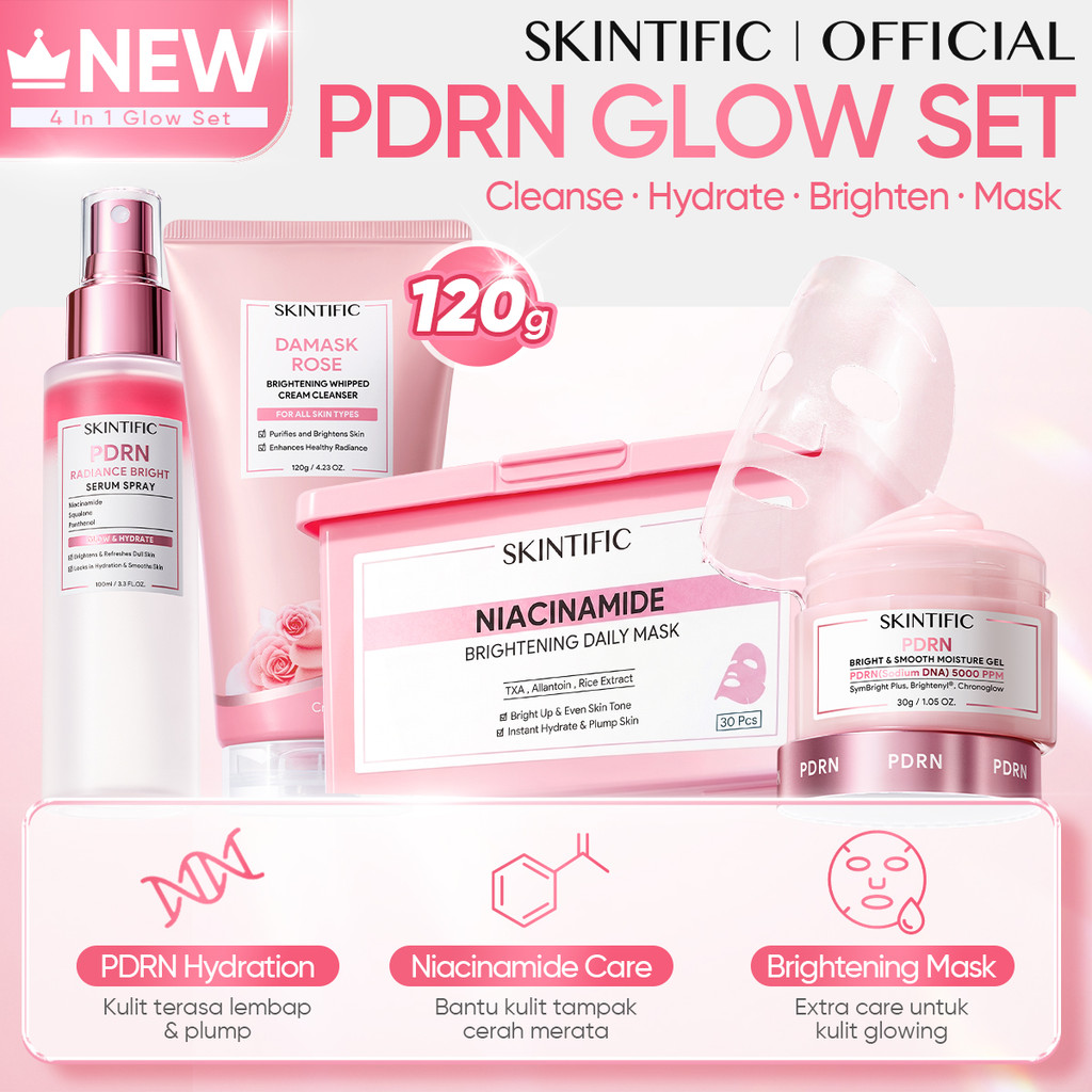 [4PCS] SKINTIFIC 4-in-1 Glow Care Set / Cleanser Serum Spray Moisturizer Sunscreen Mask/ PDRN Glass Skin Brightening Whitening Dark Spot Fading Acne Care Repair Barrier / Mencerahkan Wajah Kurangi Flek Hitam Bekas Jerawat Perawatan Kulit Set