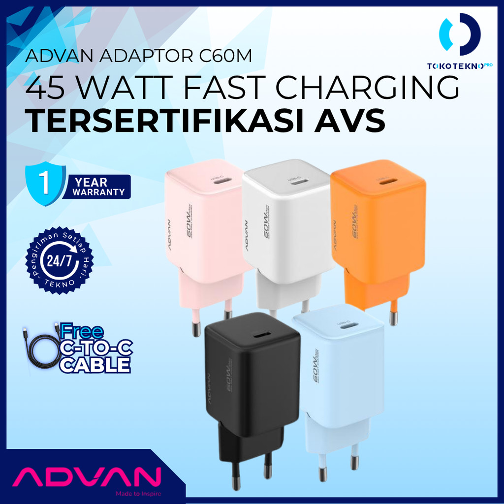 ADVAN C60M / C-60M / C60 M Charger USB-C untuk iPhone iPad Ultra Mini GaN Fast Charging PD PPS AVS