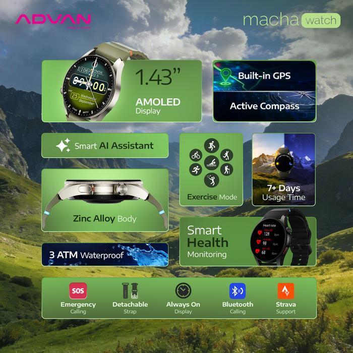 ADVAN Smartwatch Macha Build-in GPS AI Assistant AMOLED 1.43" Active Compass 3ATM Waterproof Tahan Air Jam Tangan Pintar Bluetooth Call Always On Display AOD Bluetooth Call Support Strava - Black - Gambar 3