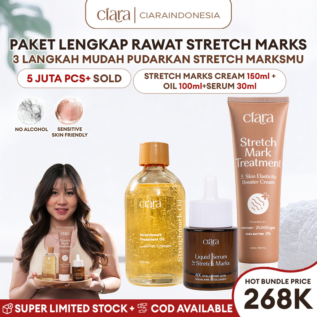[Paket Combo Anti Stretch Mark] Ciara Stretch Mark Treatment & Skin Elasticity Booster Cream X Stretchmarks Treatment Oil X Liquid Serum For Stretchmarks Stretchmarks pemudar Stretchmarks solusi penghilang Stretchmarks perawatan Stretchmarks