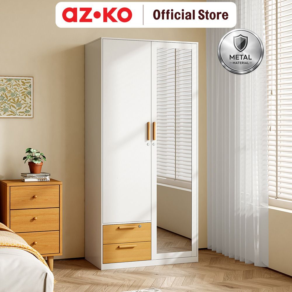 AZKO Stora Lemari Pakaian Japandi 2 Pintu Dengan 2 Laci 90x50x195 cm - Putih Lemari Baju Almari Baju Lemari Kamar Lemari Minimalis Wardrobe