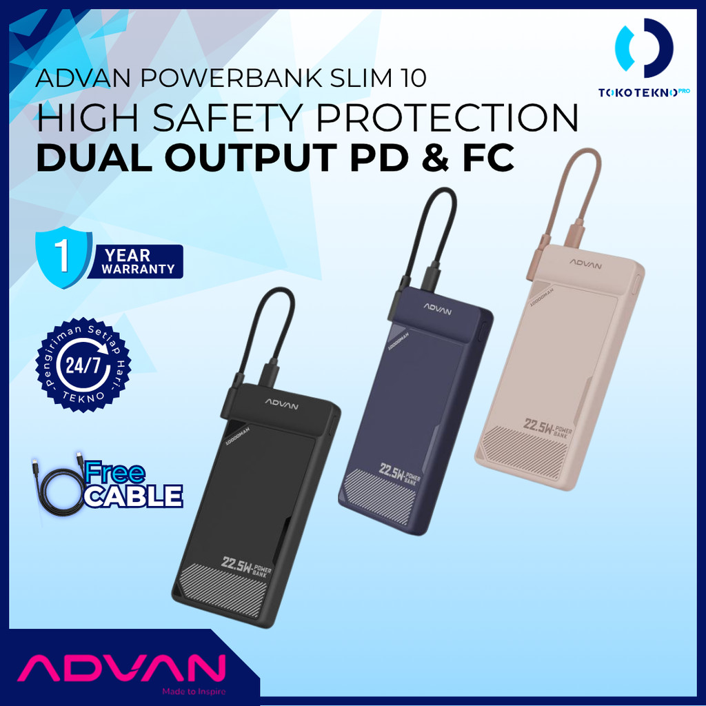 ADVAN SLIM 10 / SLIM-10 Powerbank 10000 mAh Fast Charging 22.5W Type-C and Type-A Power Delivery 3.0 Over-Current Protection Short-Circuit Protection Slim Compact Design