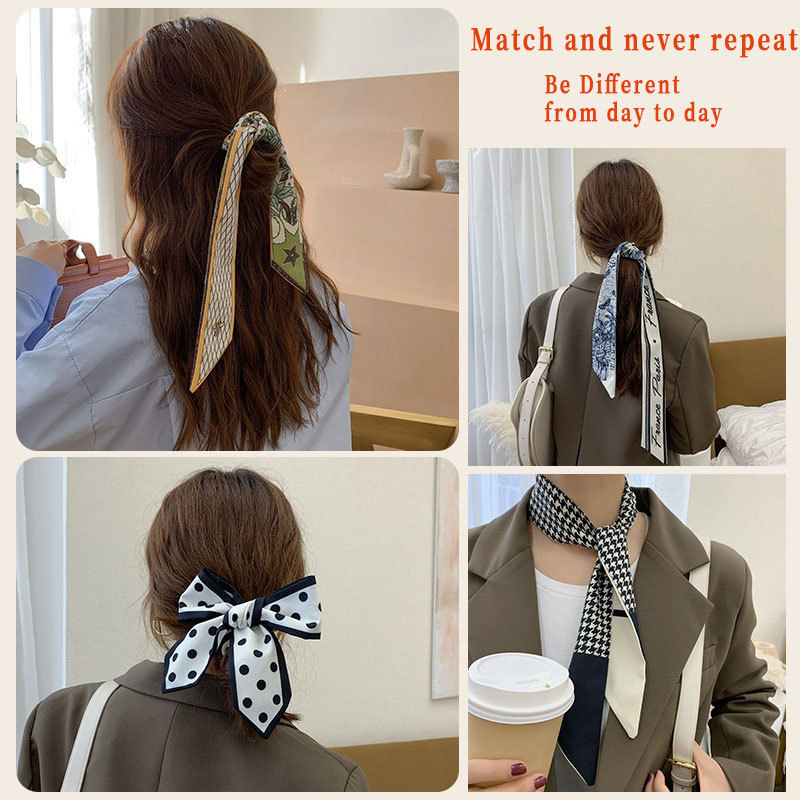 SeeVibe Huruf Houndstooth panjang syal sutra temperamen streamer elegan retro cetak syal sutra headband - Gambar 2