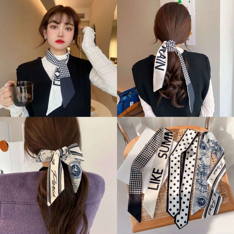 SeeVibe Huruf Houndstooth panjang syal sutra temperamen streamer elegan retro cetak syal sutra headband - Gambar 3