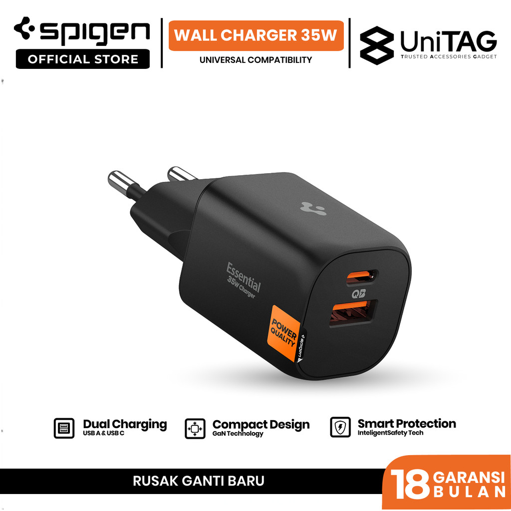 SPIGEN Adaptor GAN 35W Dual Port USB A Type C Fast Charging Wall Charger Universal Compatibility for iPhone Samsung