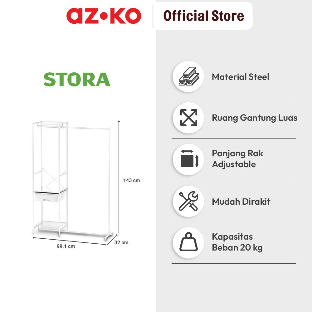 AZKO Stora Gantungan Pakaian Retractable Dengan Laci - Putih Rak Baju Clothes Rack Laci Pakaian Organizer Kamar - Gambar 3