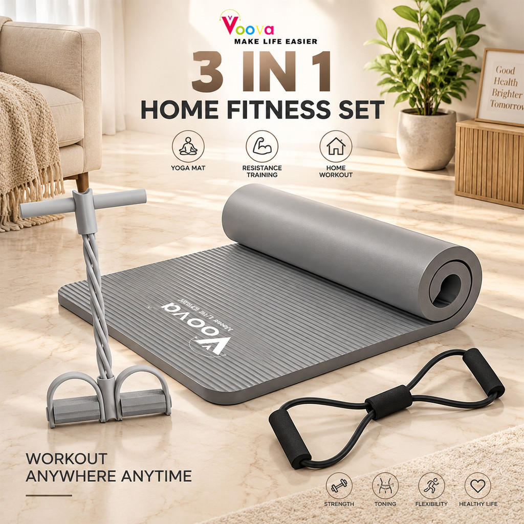 VOOVA Set Alat Yoga 3in1 / Paket Lengkap Set Olahraga / Matras dengan Tummy Trimmer dan Tali Yoga