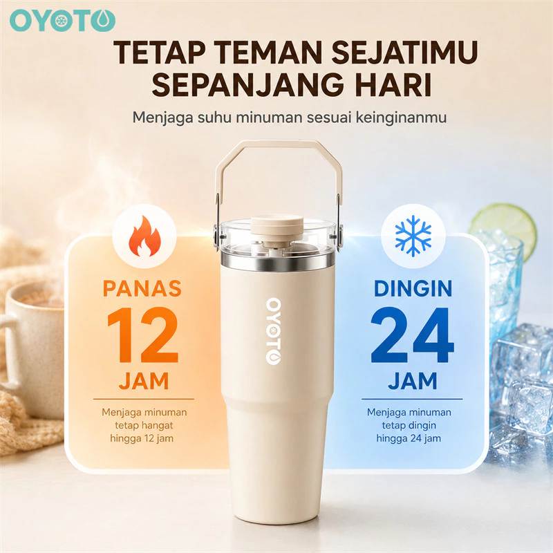 OYOTO Tumbler Gelas Termos Tumbler Stainless Portable Bottle Dua Lapisan Insulasi Kapasitas 900ml With Handle Travel - Gambar 4