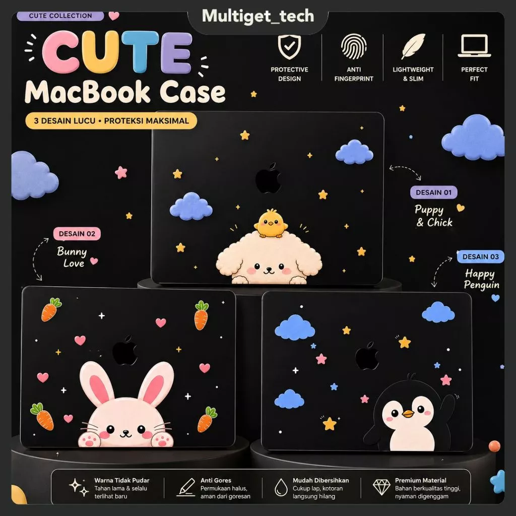 MacBook Case Neo 13 Cartoon Bear Dino Rabbit Capybara Cute Aesthetic Pelindung Mac Stylish Slim Anti Gores Full Protection