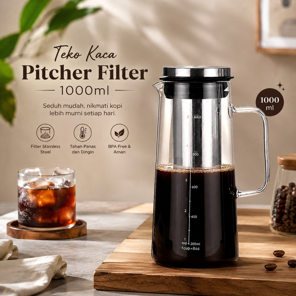 AKIEMSTR Teko Kaca Kopi Teh Pitcher Cold Brew Stainless Filter - MD-10