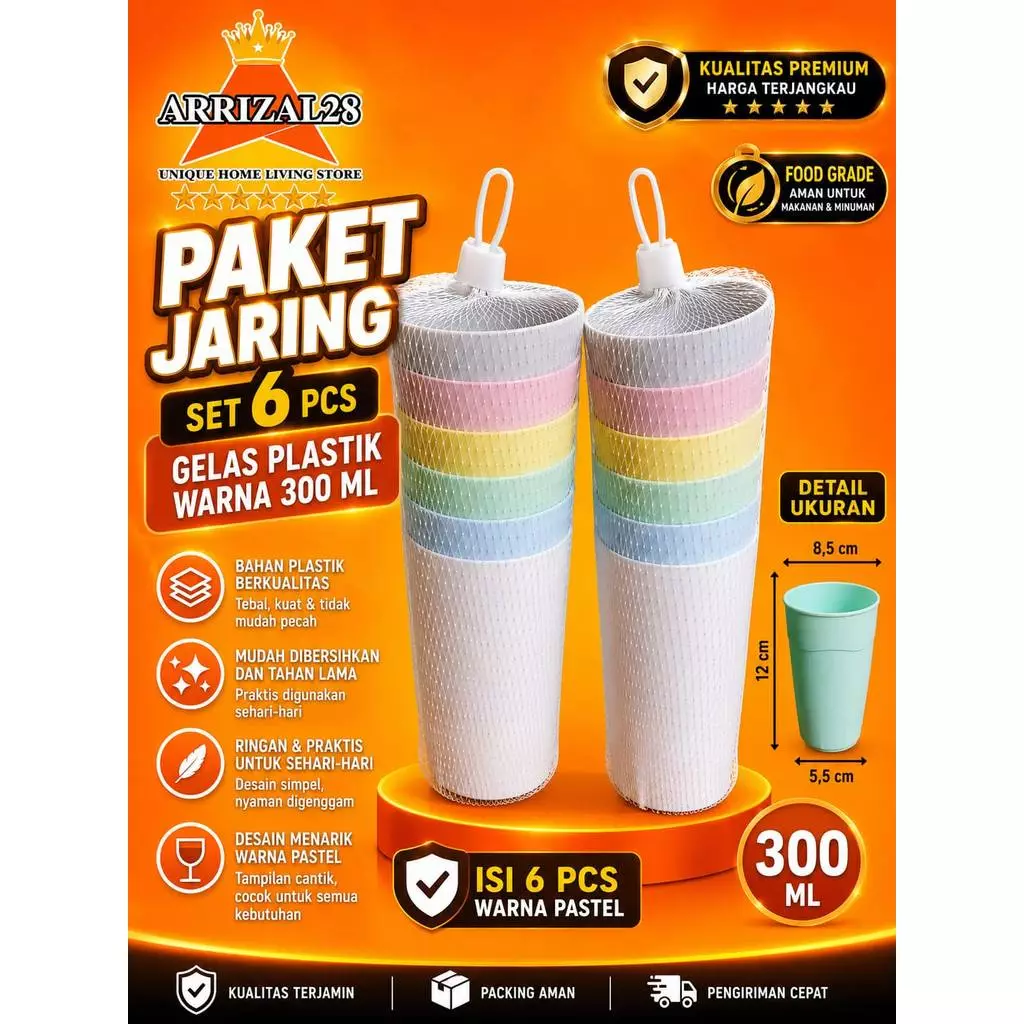 PAKET JARING SET 6 PCS GELAS PLASTIK WARNA PASTEL 300 ML