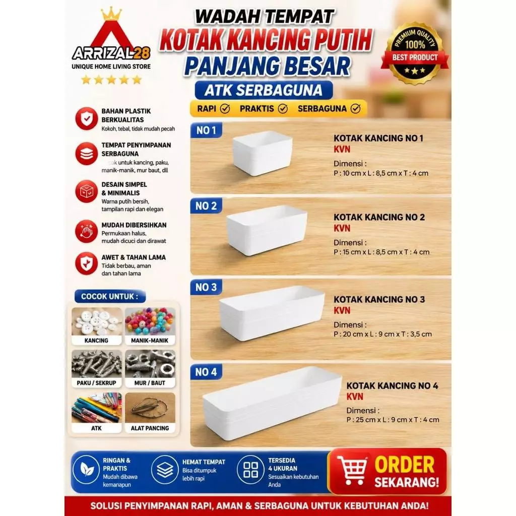 AFL (NO 2 / 15CM) WADAH TEMPAT KOTAK KANCING PUTIH PANJANG BESAR ATK SERBAGUNA - Gambar 2
