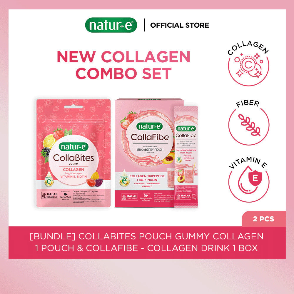 Natur-E Paket Collagen Combo - CollaFibe Collagen Drink 1 Box & Collabites Gummy Collagen 1 pouch - Gummy dengan Collagen, Vitamin E & Biotin - Membantu Menjaga Kesehatan Kulit dari Dalam
