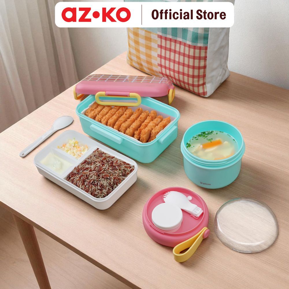 AZKO Picas Kotak Makan dengan Tas Insulated Set 3 pcs - Mix Lunch Box Set Paket Bekal Meal Kit Insulated Lunch Kit - Gambar 2