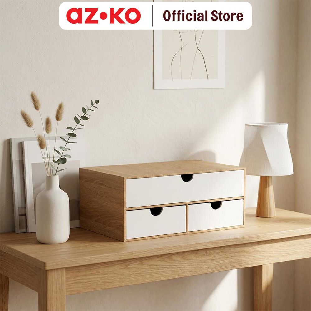 AZKO Stora Ligno Laci Penyimpanan Mini 2 Tingkat 38x26x15 cm - Cokelat Natural/Putih Desk Drawer Organizer Tempat Alat Tulis Mini Storage Laci Meja Kecil