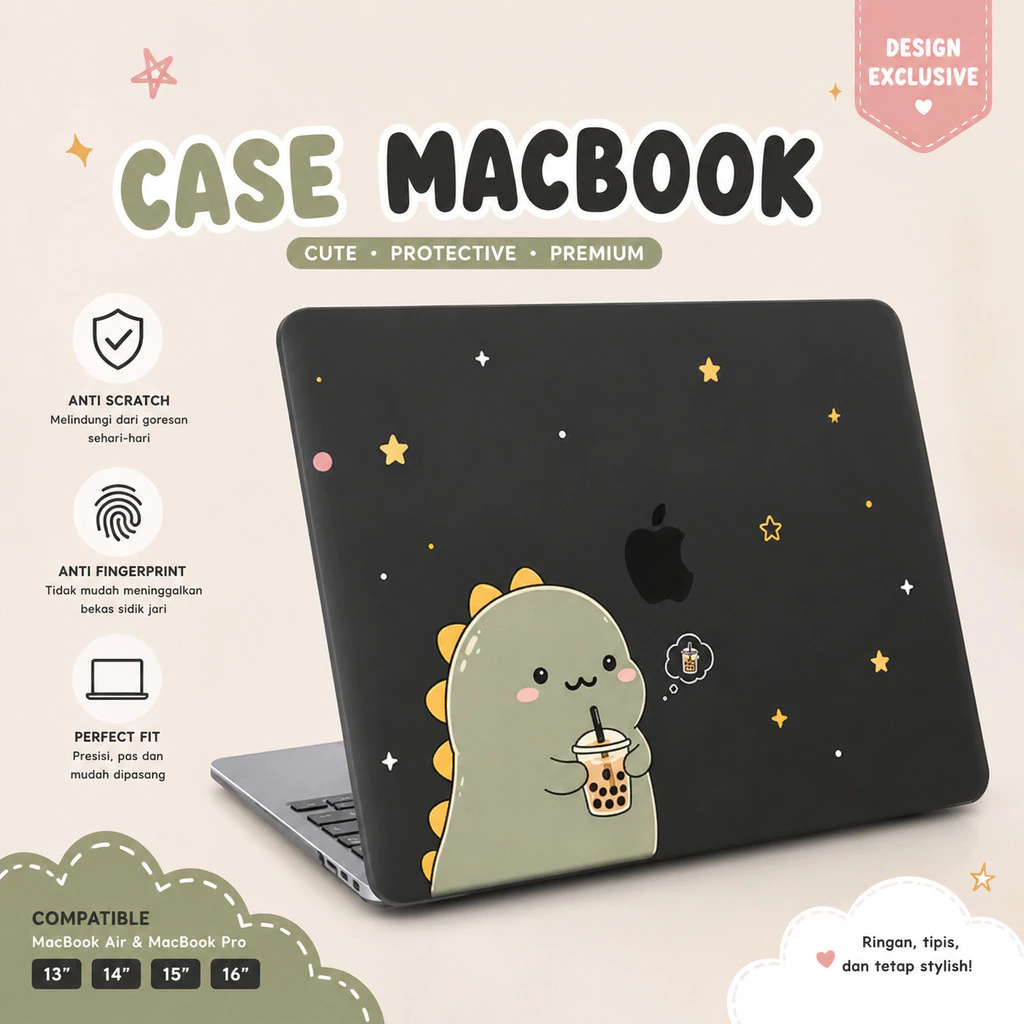 MacBook Case Neo 13 Cartoon Bear Dino Rabbit Capybara Cute Aesthetic Pelindung Mac Stylish Slim Anti Gores Full Protection - Gambar 4