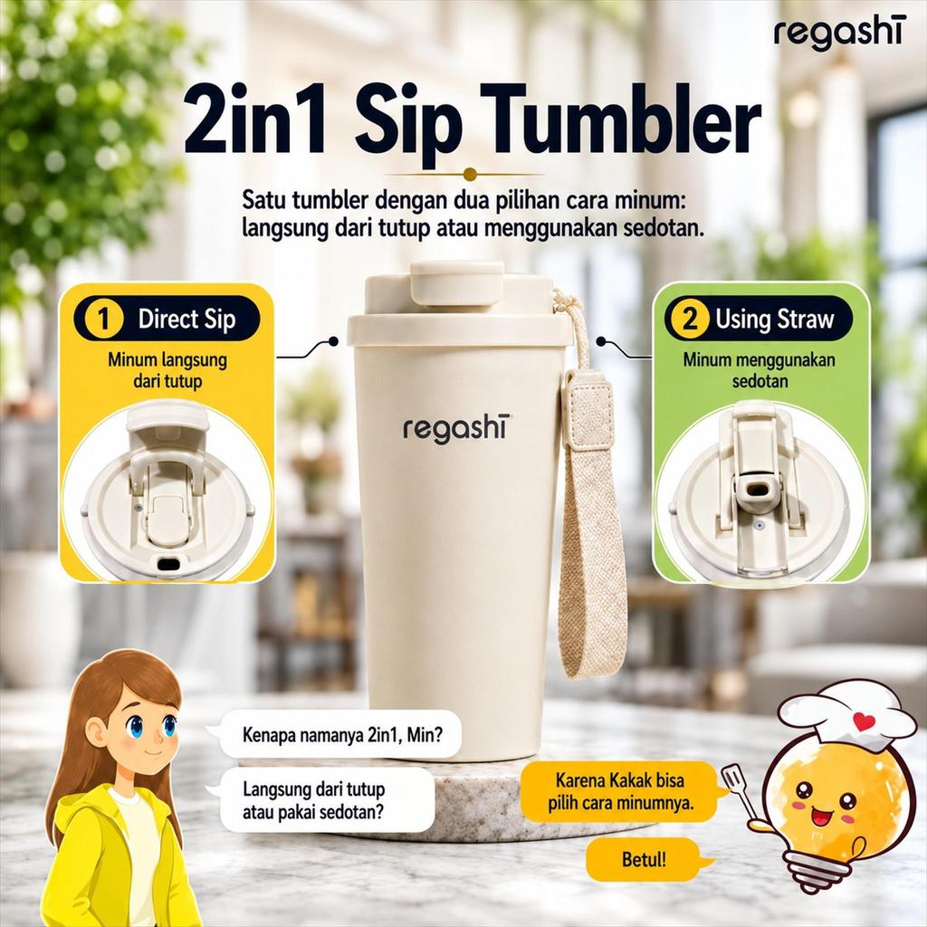 2in1 Sip Tumbler / Botol Minum Stainless Steel 304 / Vacuum Insulated 2 Cara Minum 550ML - Gambar 3