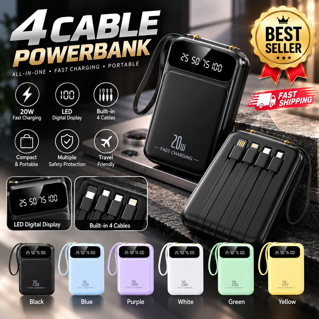 3 Cable Mini Power Bank Fast Charging Digital Display Compact Portable ...