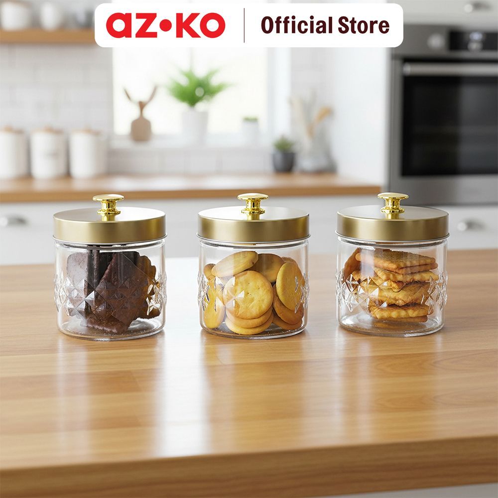AZKO Culinart Artic Stoples Kaca 550 ml Set 3 pcs Transparan - Gold Toples Jar Food Container Setoples Wadah Penyimpanan Kedap Udara