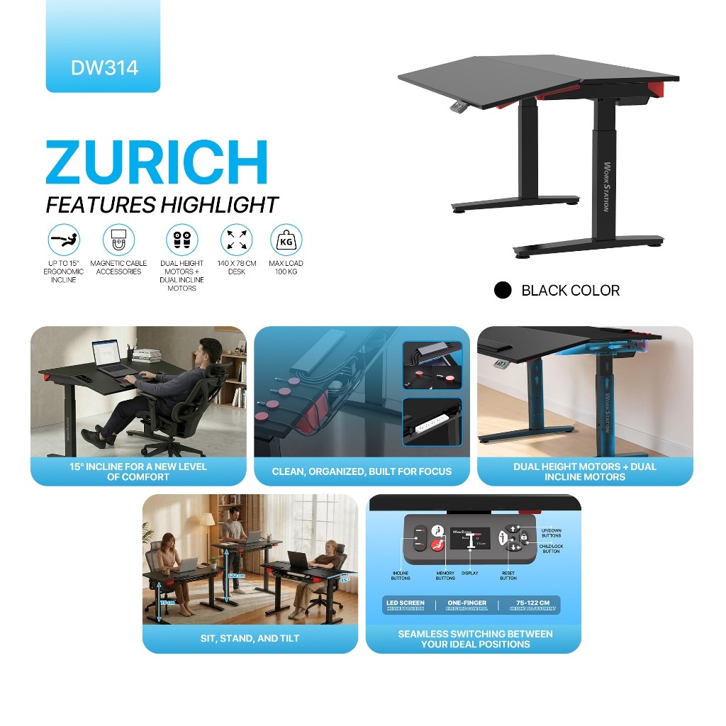Fantech WorkStation DW314 / DW-314 Meja Kerja Gaming Elektrik Adjustable Desk Dual Motor Ergonomic Incline Smart Lift Table - Gambar 2