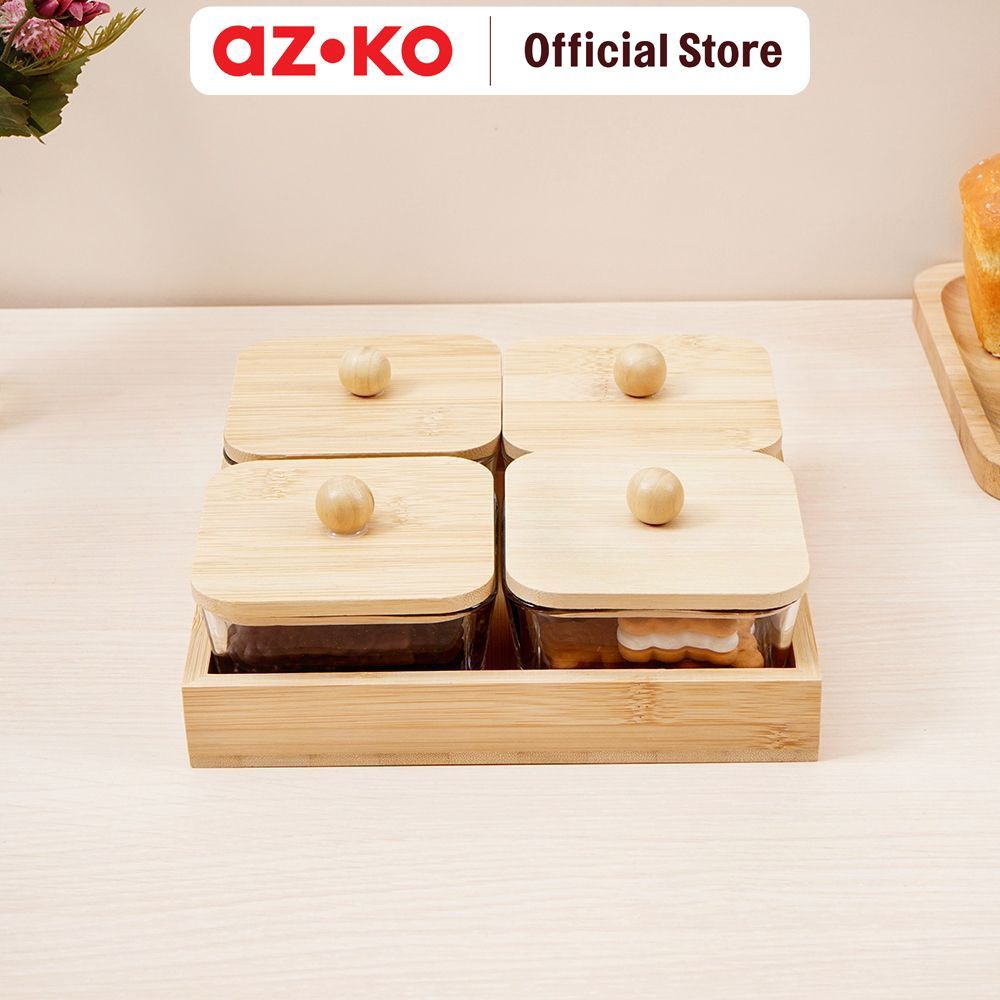 AZKO Culinart Stoples Kaca Camilan Dengan Nampan - Cokelat Glass Storage Jar Food Canister Pantry Container Glass Jar Toples Penyimpanan - Gambar 2