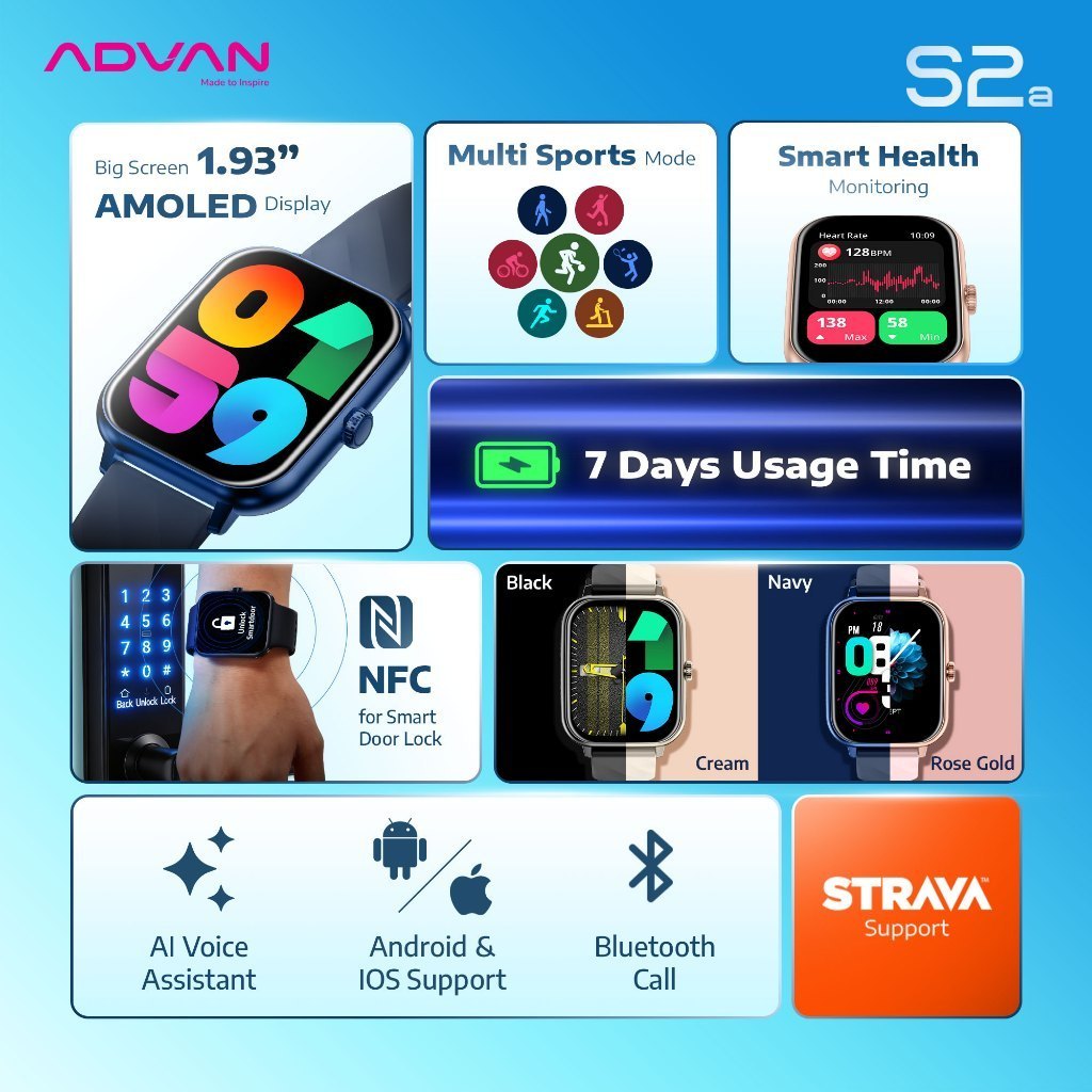 ADVAN S2A / S-2A Smartwatch AMOLED 1.93” NFC Door Access Bluetooth Call IP68 Strava Fitness Watch - Gambar 3