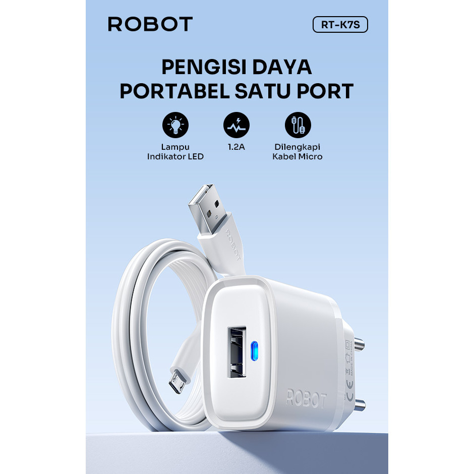 ROBOT RT-K7S Adaptor Single Port 1,2A Indikator Lampu Include Kabel Micro - Gambar 3