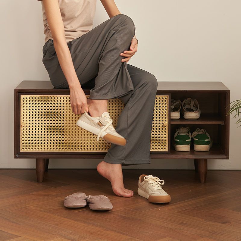 Chinese Style Solid Wood Entryway Shoe Cabinet with Rattan Sliding Door ...