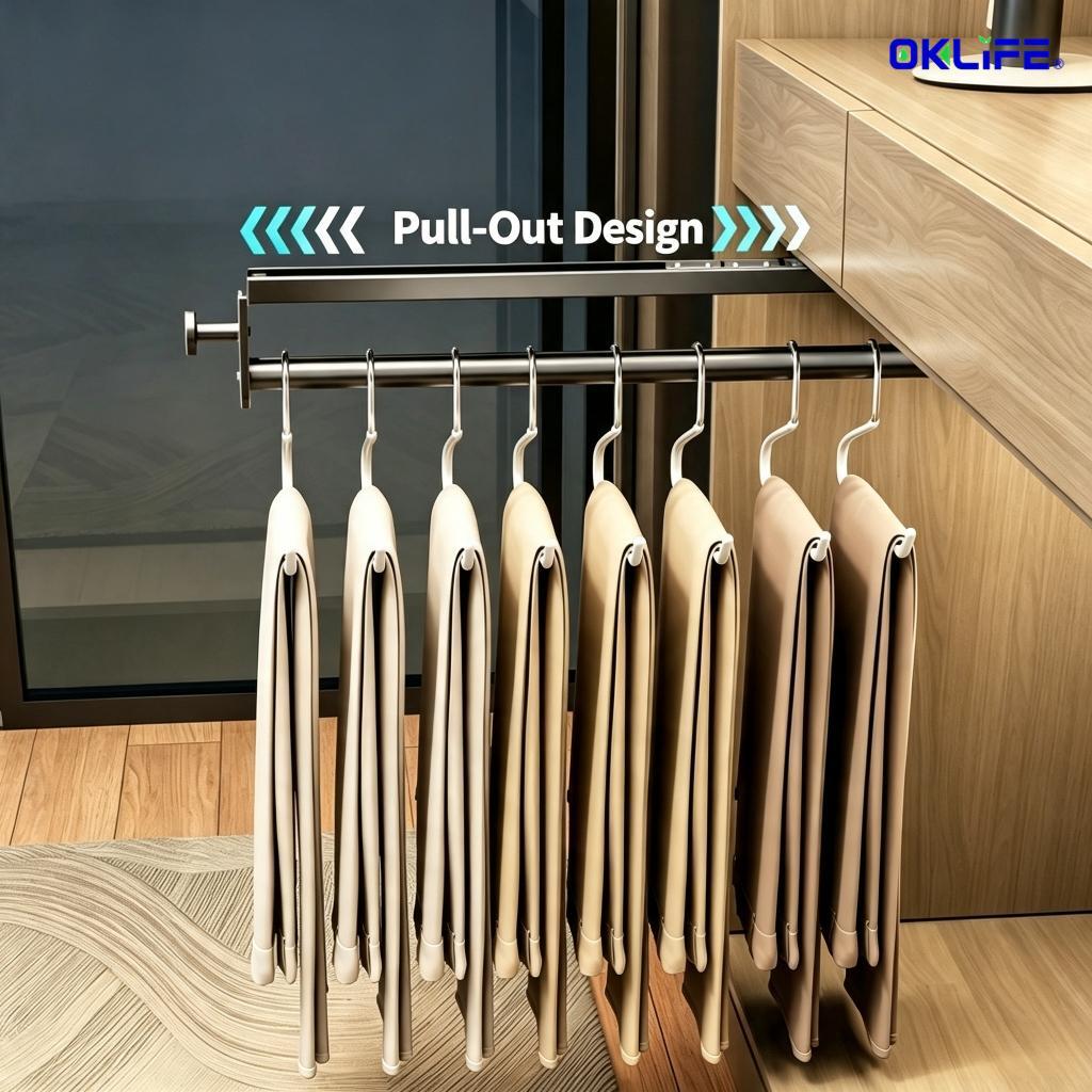 Closet Retractable Pull‑out Hanging Rod Cabinet Top Mount Clothes Hanger Wardrobe Storage Organizer view 7