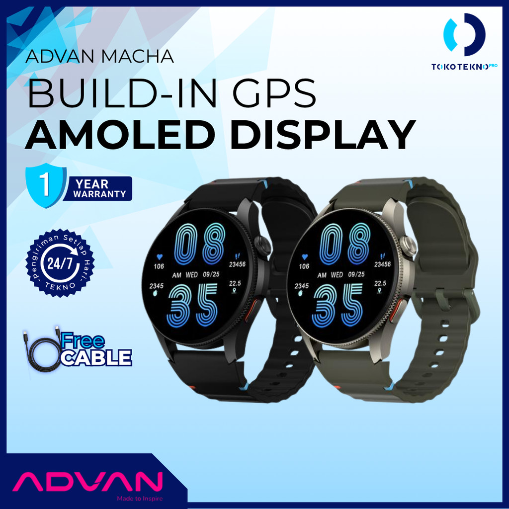 ADVAN Smartwatch Macha Build-in GPS AI Assistant AMOLED 1.43" Active Compass 3ATM Waterproof Tahan Air Jam Tangan Pintar Bluetooth Call Always On Display AOD Bluetooth Call Support Strava - Black
