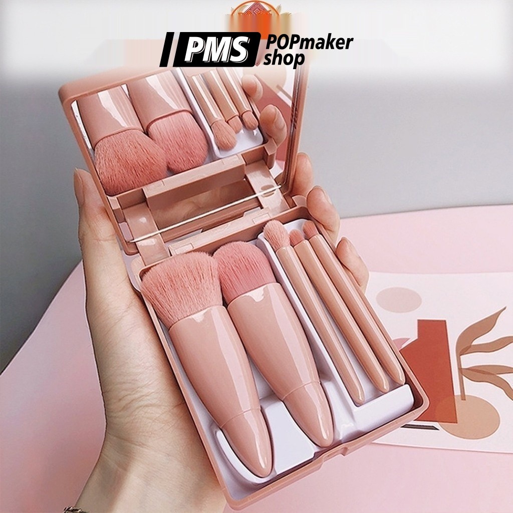 PoPmaker shop kuas makeup portable dengan cermin praktis lembut bulu halus aplikasi rata kosmetik cantik wanita H457 COD