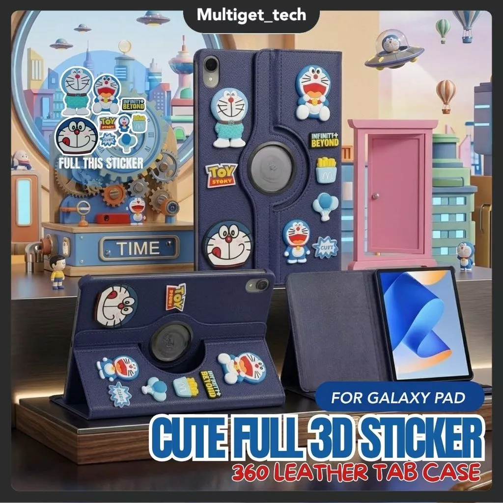 Case Samsung A11+ 11" S6Lite 10.4" A8 10.5" A9 8.7" A7LITE 8.7" Doraemon Full 3D Sticker 360 Degree Leather Tab Case Auto Sleep