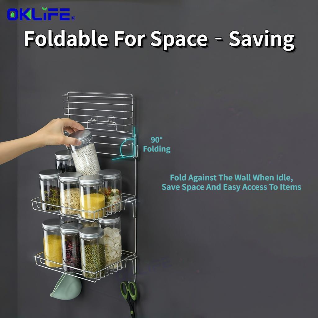 Wall Mount No Drill Storage Shelf Stainless Steel Foldable Multi‑Layer Organizer for Kitchen Spice Container alternate view